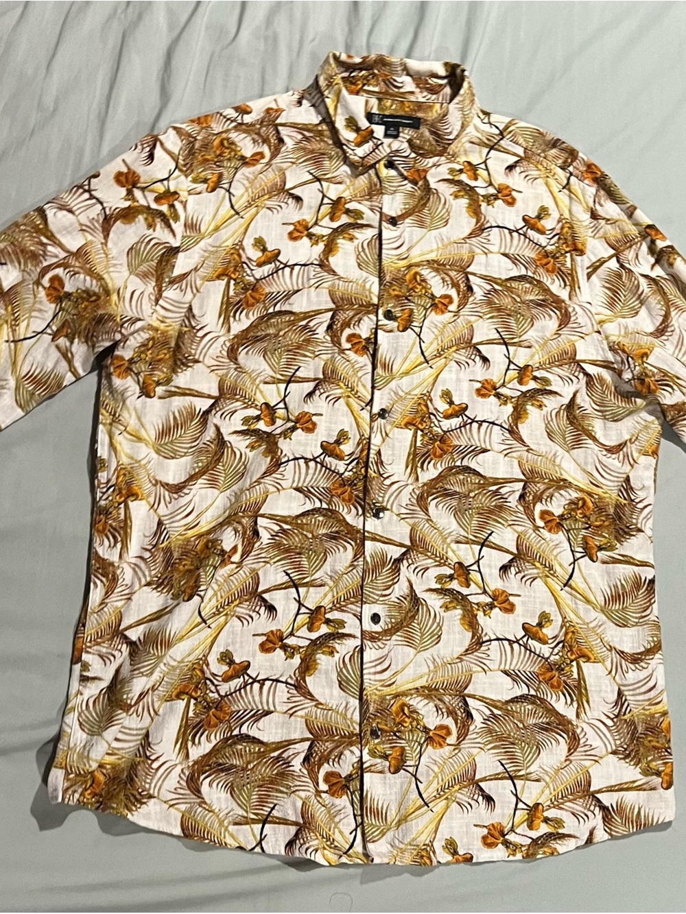 INC Leaves Pattern Button-Up Shirt - White & Brown Tropical Print